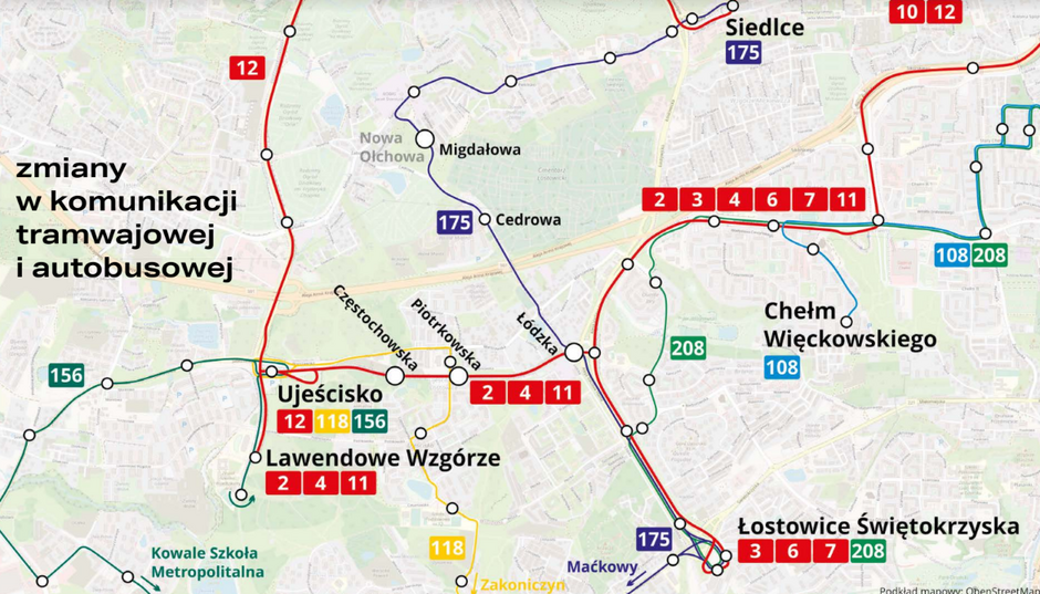 na grafice zaznaczono różnymi kolorami przebieg linii tramwajowych i autobusowych