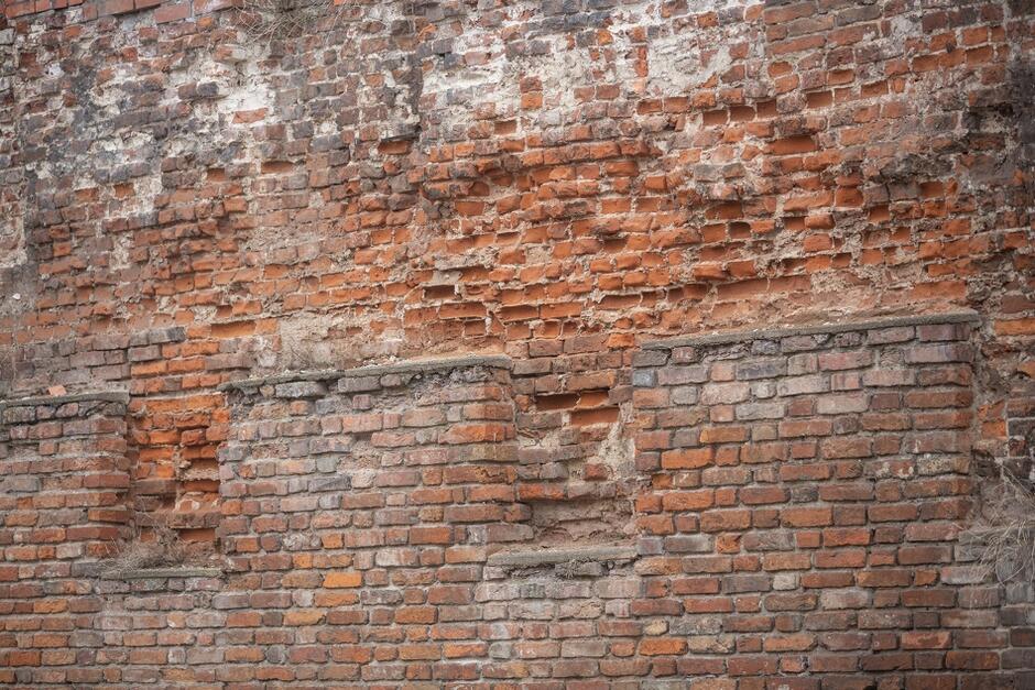 bliski plan ceglanego muru, widać różne cegły i zaprawy murarskie
