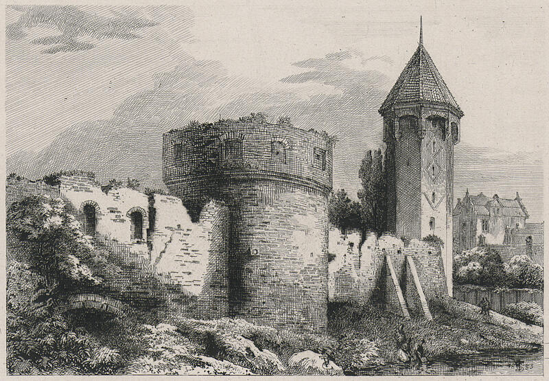 rysunek czarno-biały przedstawiający mury obronne z dwiema basztami