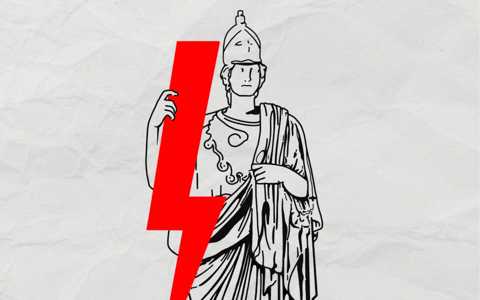 fragment plakatu, rzymianin trzyma czerwoną błyskawicę