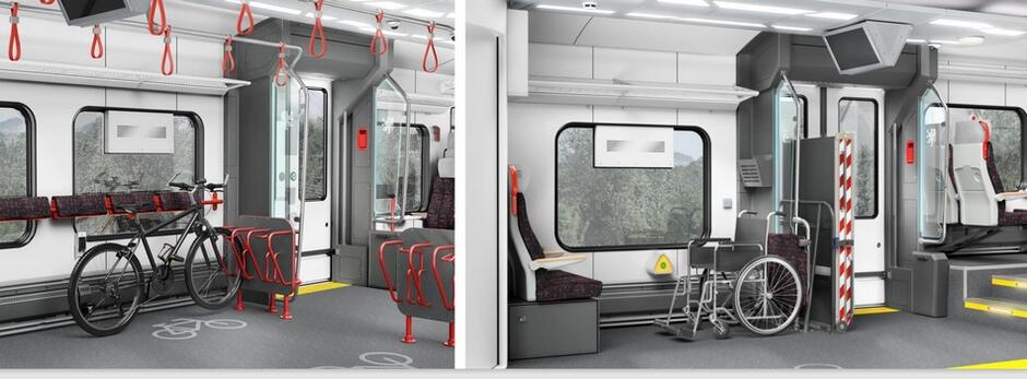 Dwa wnętrza pociągu: po lewej okno i miejsca dla rowerów z jednym rowerem, po prawej duże okno, miejsce siedzące i miejsce z wózkiem inwalidzkim