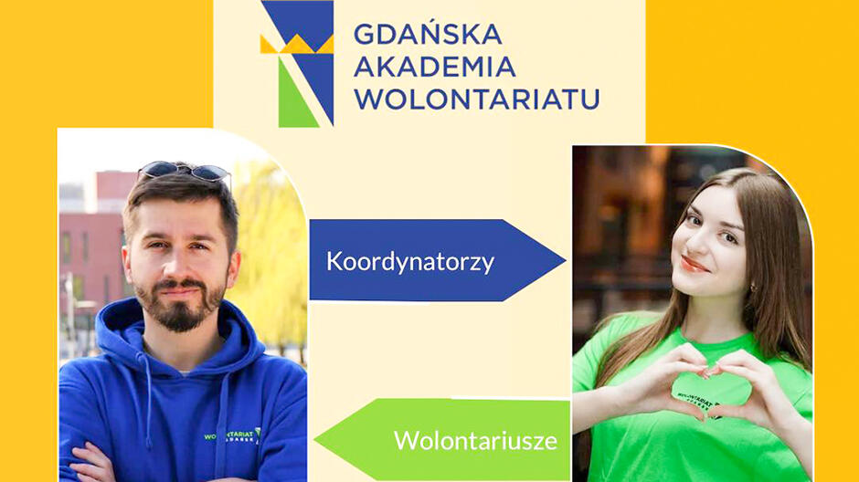 młoda kobieta i młody mężczyzna - portrety. napis Gdańska Akademia Wolontariatu