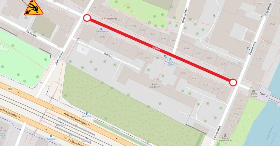 Mapa z zaznaczoną na czerwono ulicą wyłączoną z ruchu