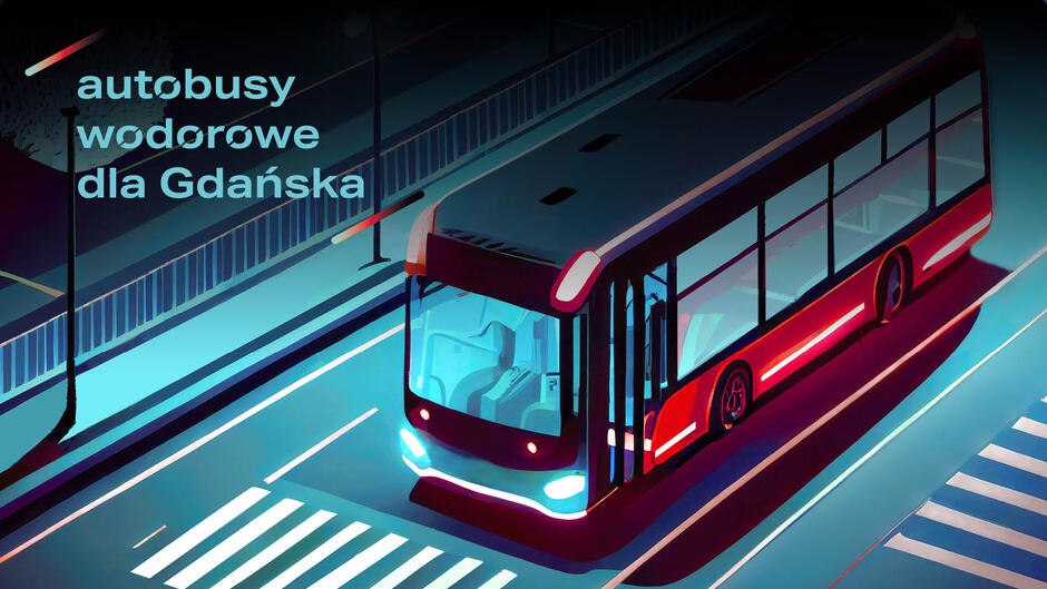 Autobusy wodorowe - grafika na ciemnym tle sylwetka autobusu