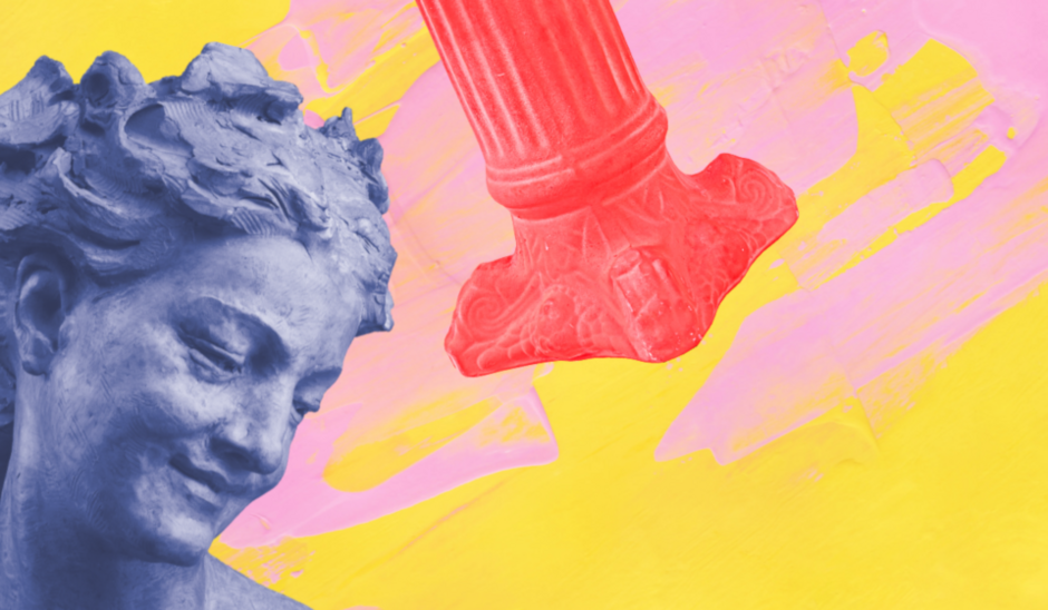 grafika, żółto-różowe tło, z lewej strony rzeźba kobiecej głowy, na środku fragment kolumny greckiej