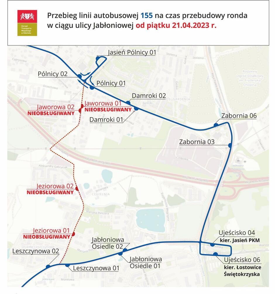 Mapa z zaznaczoną trasą objazdu