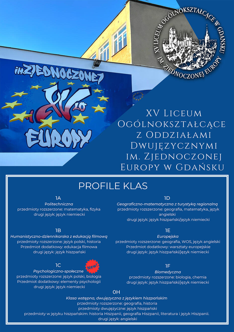 Plakat informujący o klasach działających w XV LO w Gdańsku