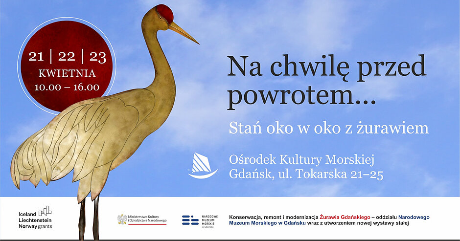 Plakat muzeum informujący o akcji robienia zdjęcia z wiatrowskazem w kształcie żurawia