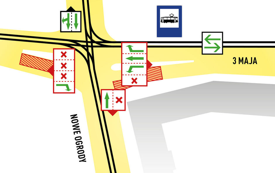 Grafika przedstawiająca skrzyżowanie i zasady ruchu drogowego