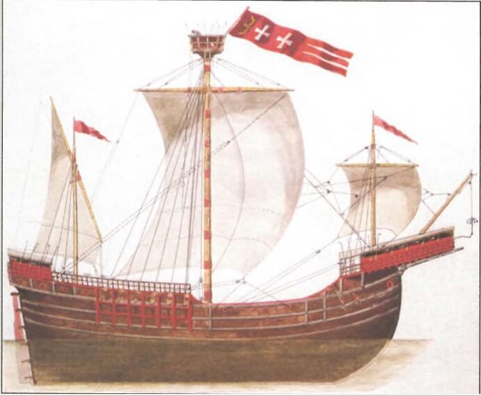 Kwadratowa rycina przedstawia trzymasztowy okręt pod żaglami, na najwyższym maszcie powiewa flaga Gdańska 