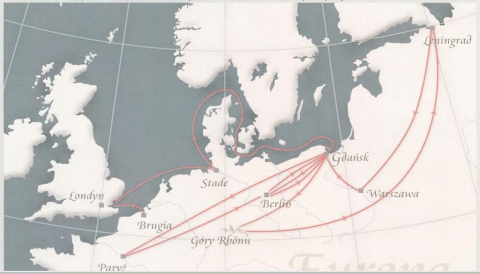 Mapka północnej Europy z zaznaczonymi miejscami: Brugia, Londyn, Gdańsk, Góry Rhonu, Leningrad (St. Petersburg), Berlin, Paryż