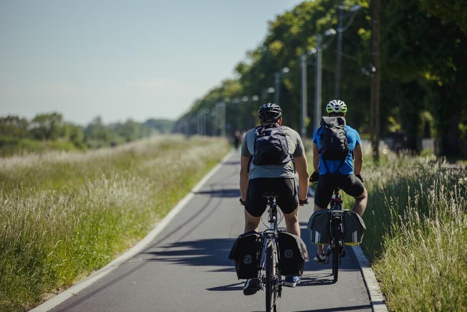na zdjęciu dwóch rowerzystów w letnich strojach z kaskami na głowach, jadą na rowerach, po ścieżce rowerowej, tyłem do fotografującego