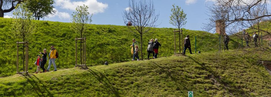 ludzie idą po wznoszącym się pod górę trawniku