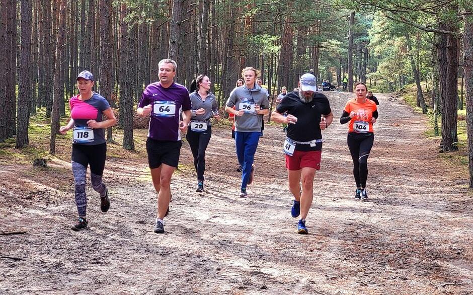 grupa biegaczy kobiet i mężczyzn biegnie przez las