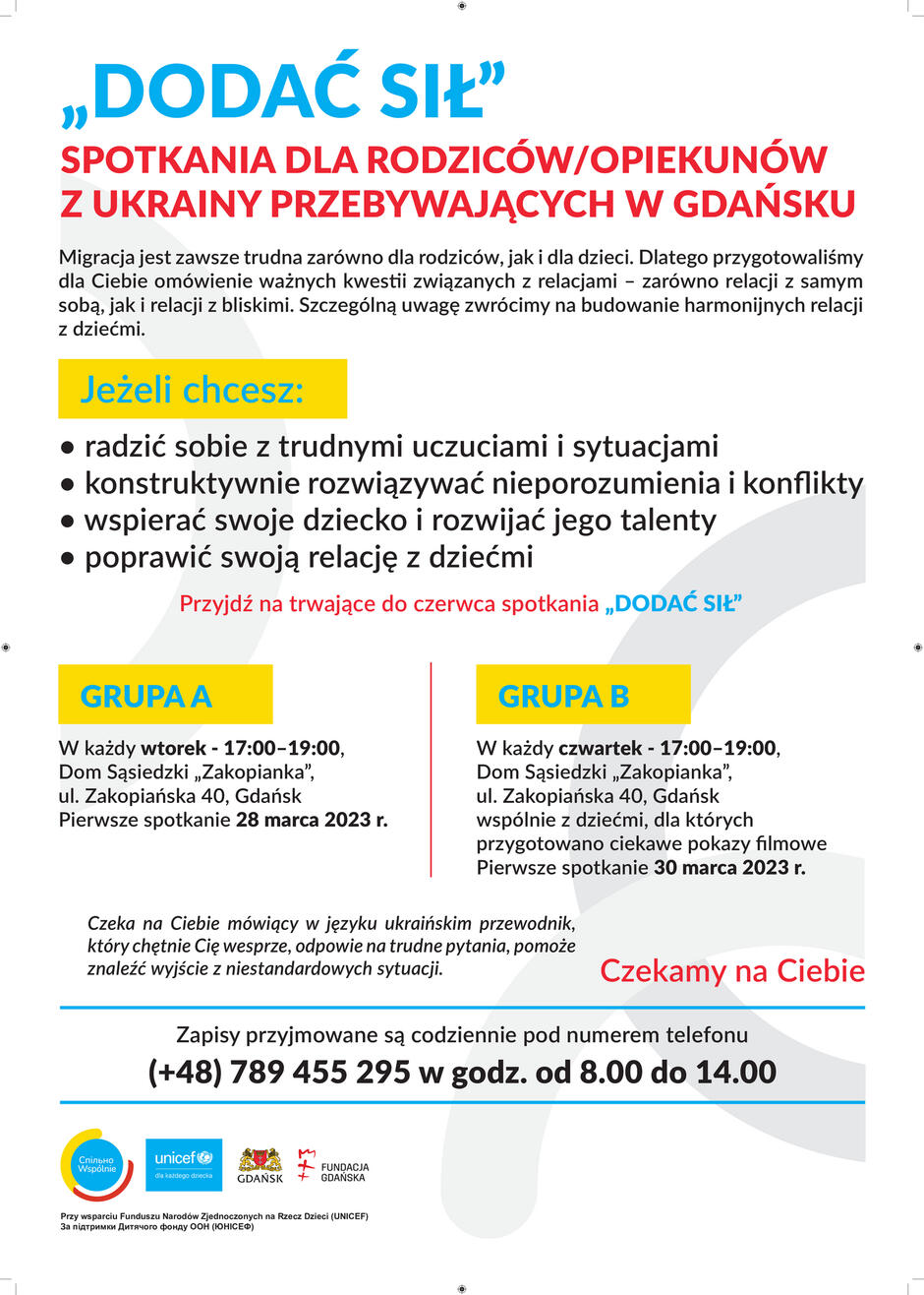 Plakat informacyjny spotkań "Dodać sił" - wersja po polsku