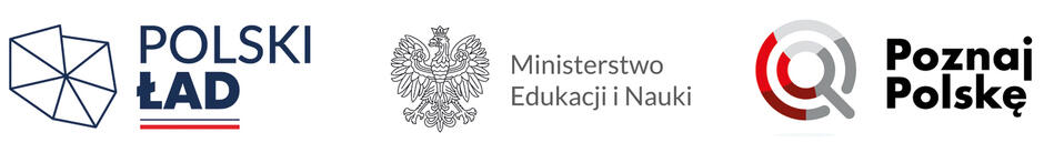 Pasek z logotypami na białym tle logotypy: Polski Ład, Ministerstwo Edukacji i Nauki oraz logo przedsięwzięcia Poznaj Polskę