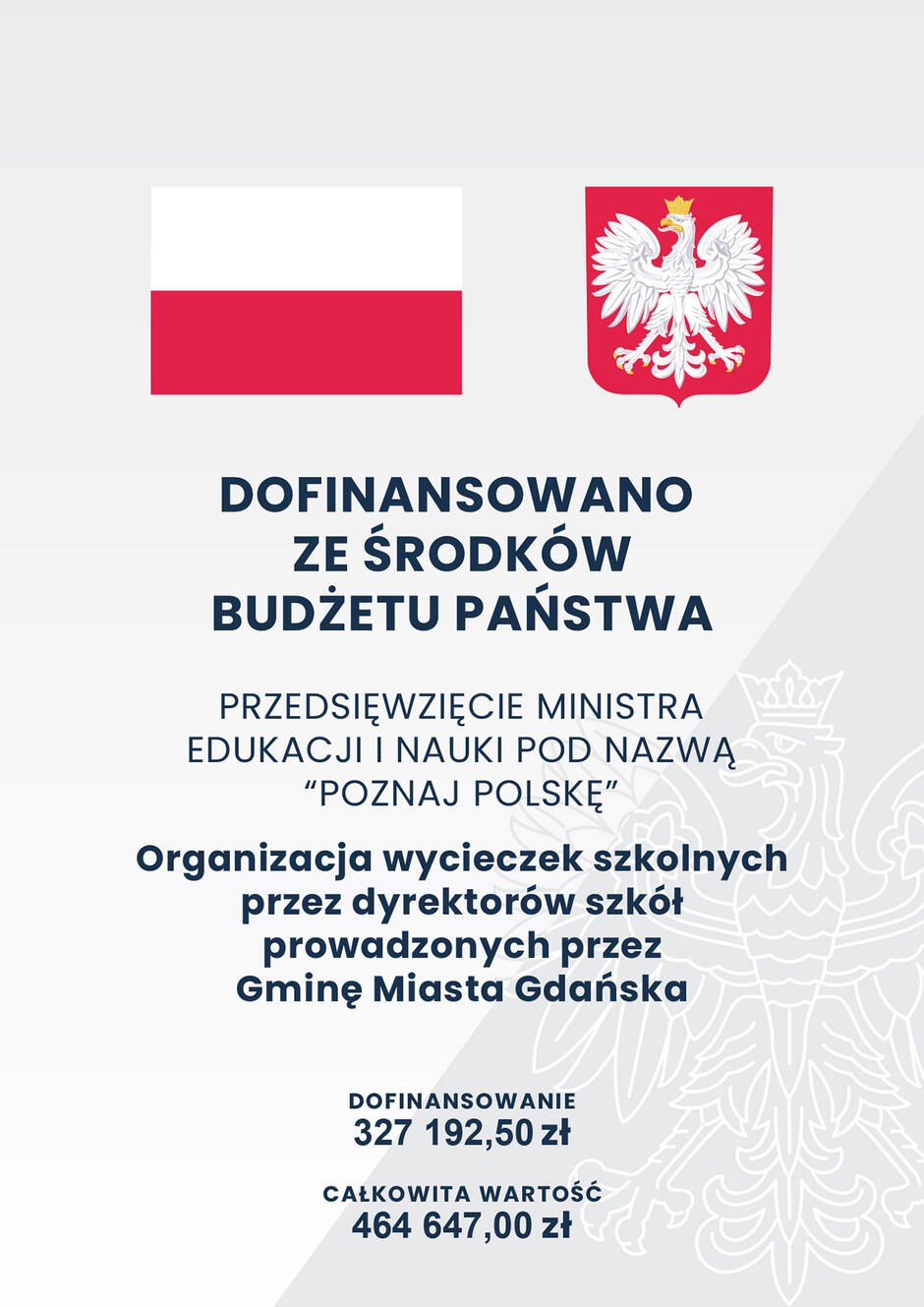 Na szarym tle z flaga i godło Polski oraz informacje o przedsięwzięciu Poznaj Polskę i o fakcie dofinansowania ze środków budżetu Państwa