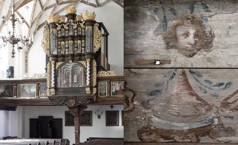 fotomontaż: wnętrze kościoła w stylu barokowym i fragmentów obrazów na emporze