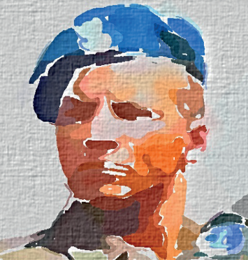 grafika przedstawiająca popiersie mężczyzny w niebieskim berecie