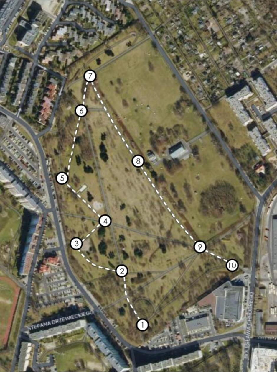 Na mapce wskazano punkty, w których zaplanowano przystanki w ramach niedzielnego spaceru badawczego po Parku Millenium