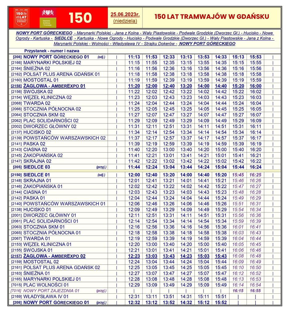 Rozkład jazdy specjalnej linii 150