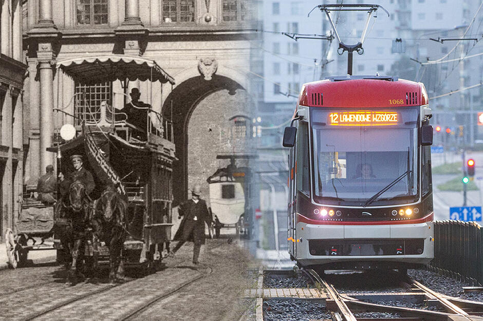 fotomontaż dwóch zdjęć na tle miasta, na jednym tramwaj ciągnięty przez konie, na drugim nowoczesny skład 