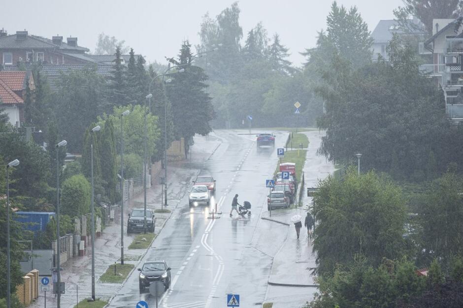 W centrum zalana deszczem ulica z samochodami i nielicznymi przechodniami, po bokach z prawej i lewej strony drzewa liściaste