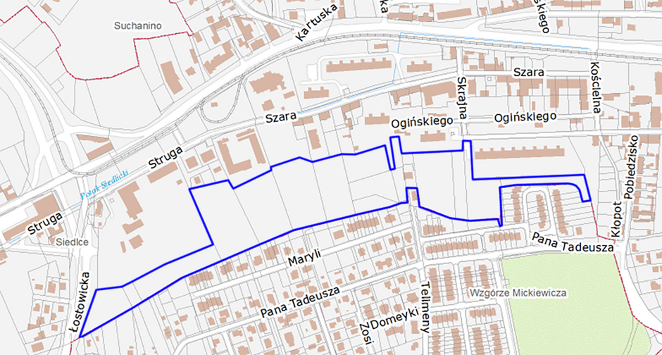 na mapce zaznaczono niebieską linią proponowaną granicę dwóch dzielnic