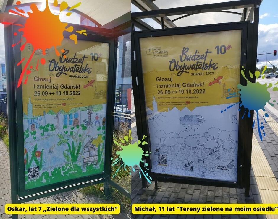 prace dzieci "kwietna łąka" i "sadzenie drzew" wyeksponowane na citylightach na przystankach autobusowych 