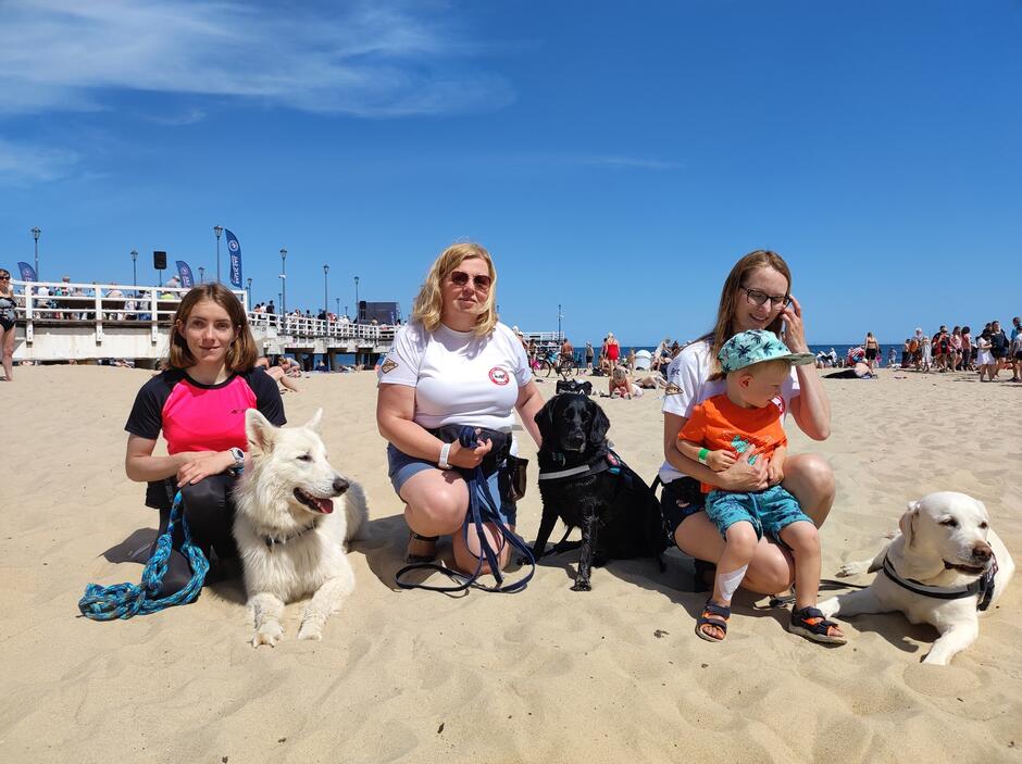 trzy kobiety na plaży, trzyletni chłopiec i trzy psy
