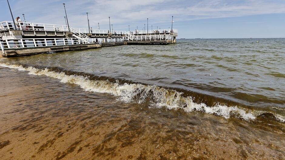 Zanieczyszczona na brązowo woda morska, w tle drewniane molo