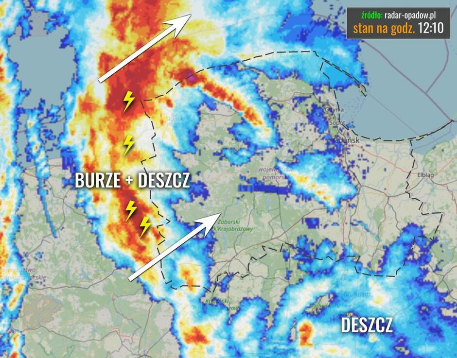 mapa satelitarna nadchodzących w pogodzie opadów: burze i deszcz