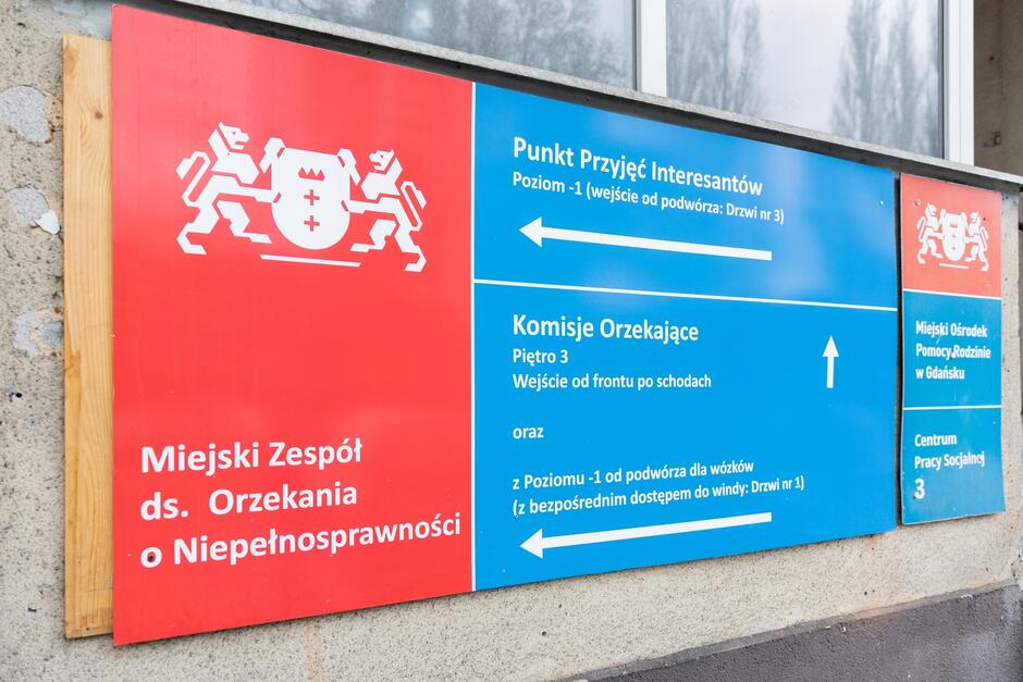 Tablica informacyjne na ścianie budynku przy ul. Dyrekcyjnej 5. Tablica jest w kolorach niebieskim i czerwonym, napisy w kolorze białym