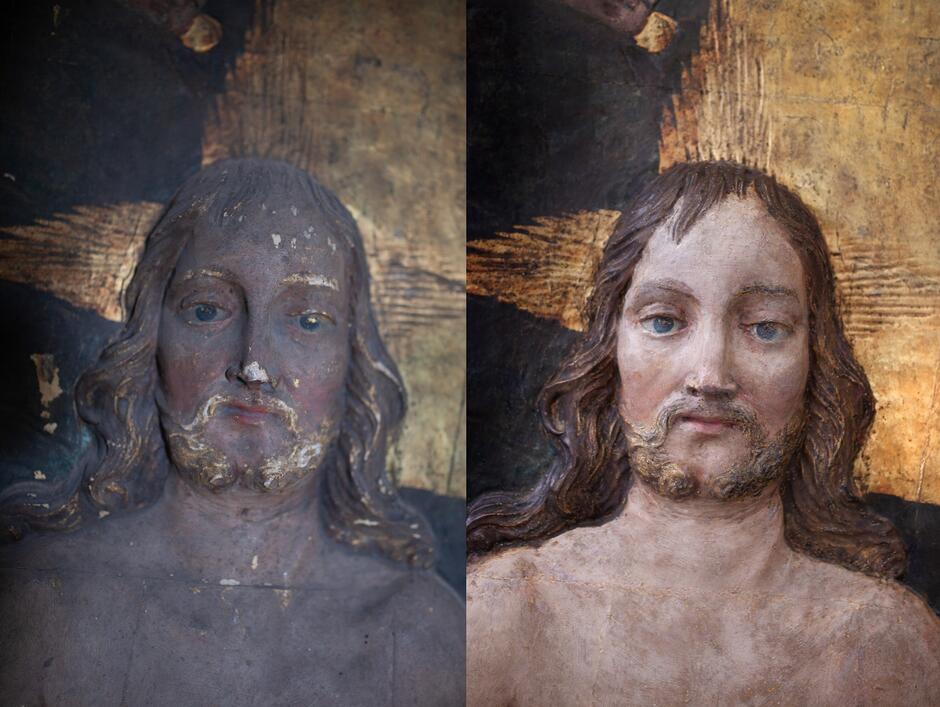 Zniszczona rzeźba przedstawiająca Chrystusa przed i po pracach konserwatorskich 