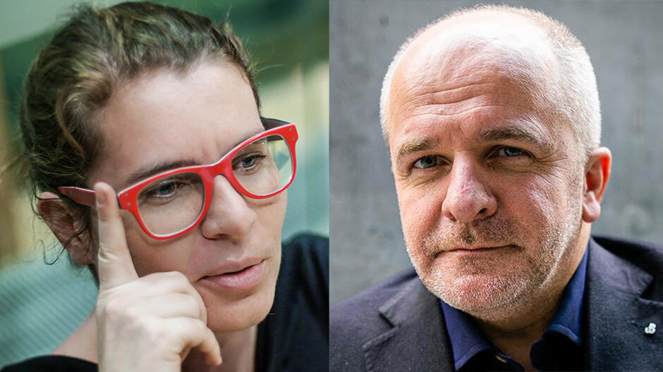 zdjęcie podzielone na dwie części - kobieta w okularach i mężczyzna w garniturze