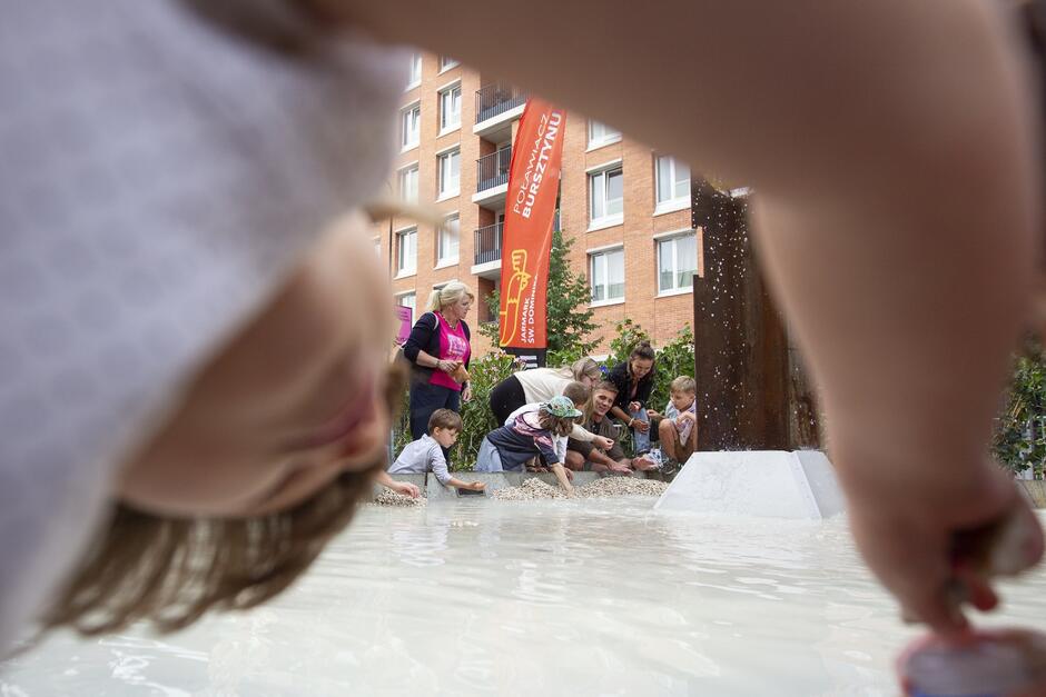 Dzieci szukają bursztynu wśród kamieni w specjalnym basenie 