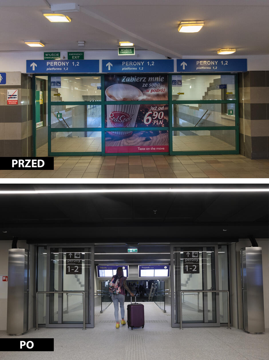 dwa zdjęcia przedstawiające korytarz na dworcu z otwieranymi automatycznie drzwiami