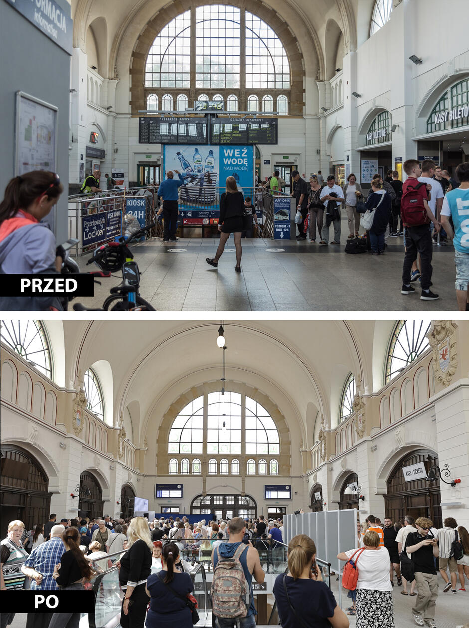 dwa zdjęcia przedstawiające hol dworcowy przed i po remoncie
