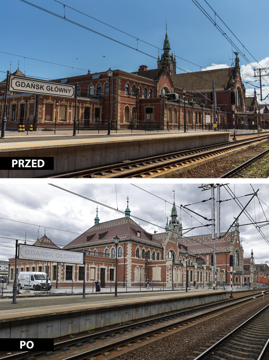 dwa zdjęcia przedstawiające budynek dworca kolejowego, przed i po remoncie