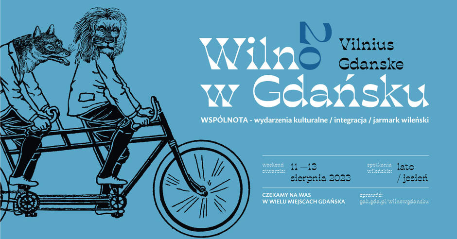 plakat promujący festiwal wilno w Gdańsku, lew i (chyba) lis jadą na dwuosobowym rowerze
