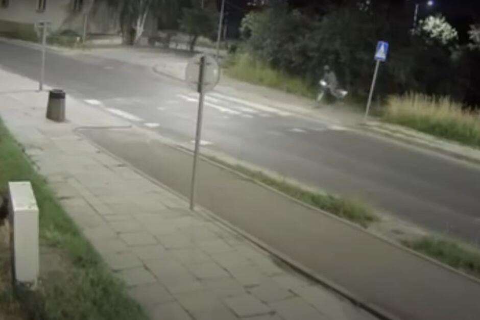 Widok ulicy i zebry przejścia dla pieszych. Po prawej, przy przejściu widać osobę na rowerze, która wjeżdża na zebrę  