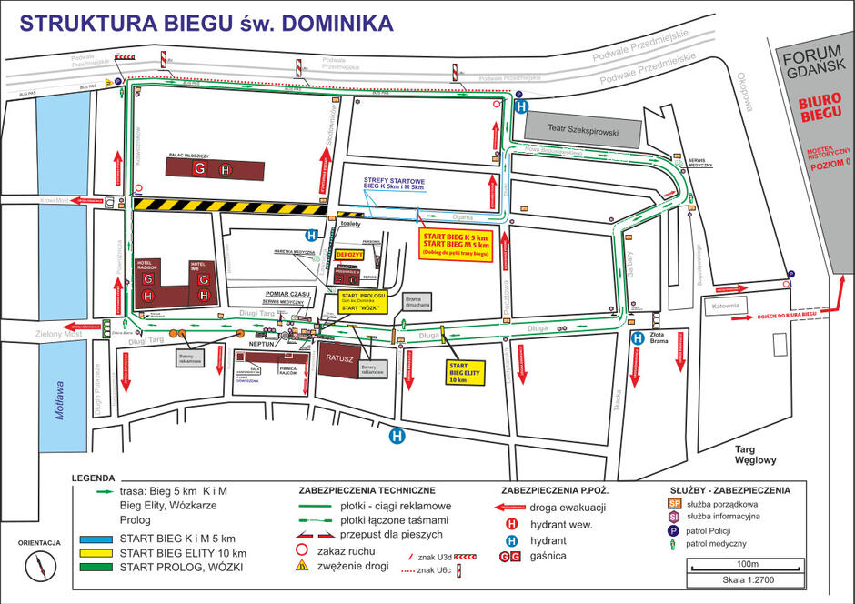 Narysowana mapa z zaznaczonymi m.in. trasami biegów, hydrantami, biurem zawodów