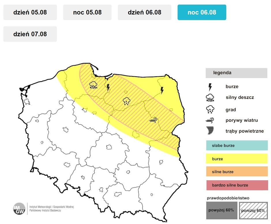 Mapa Polski z zaznaczonymi miejscami, gdzie mają pojawić się burze