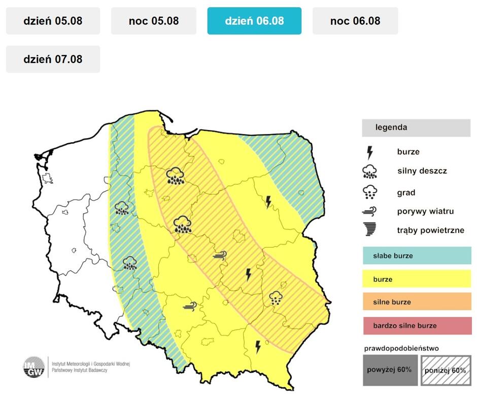 Mapa Polski z zaznaczonymi miejscami, gdzie mają pojawić się burze