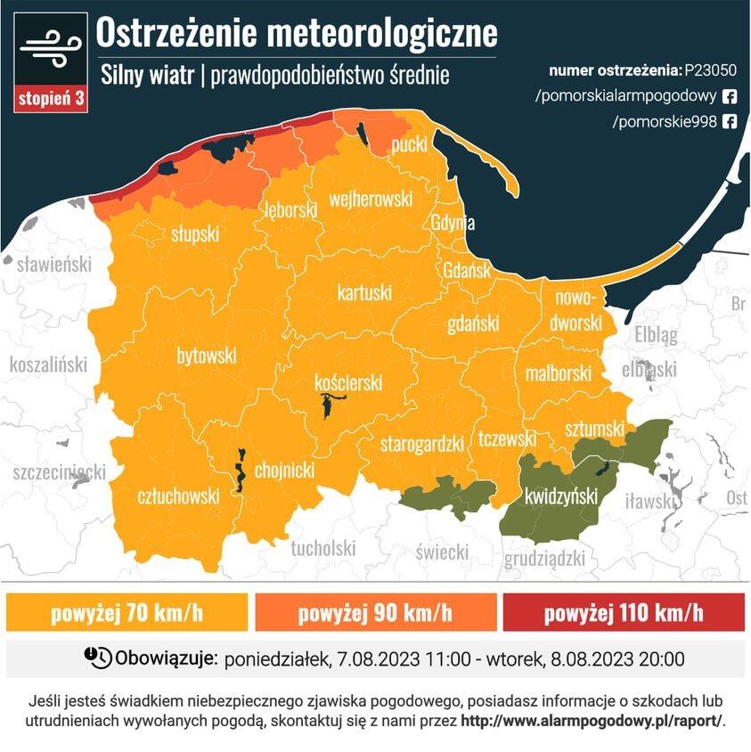 Kolorowa mapka przedstawia kontur województwa pomorskiego i zawiera informacje o sytuacji meteo w regionie - te informacje znajdują się również w tekście