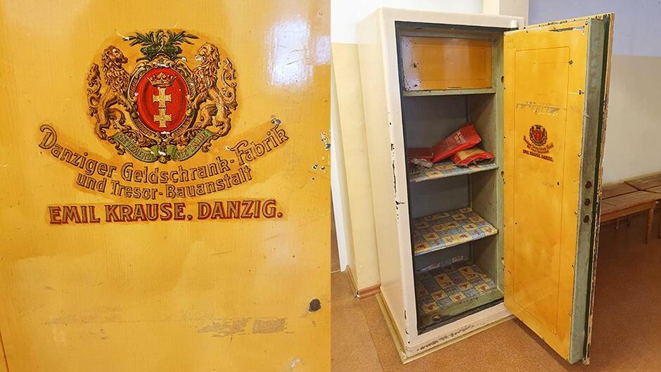 Dwa zdjęcia zabytkowej kasy pancernej z herbem Gdańska