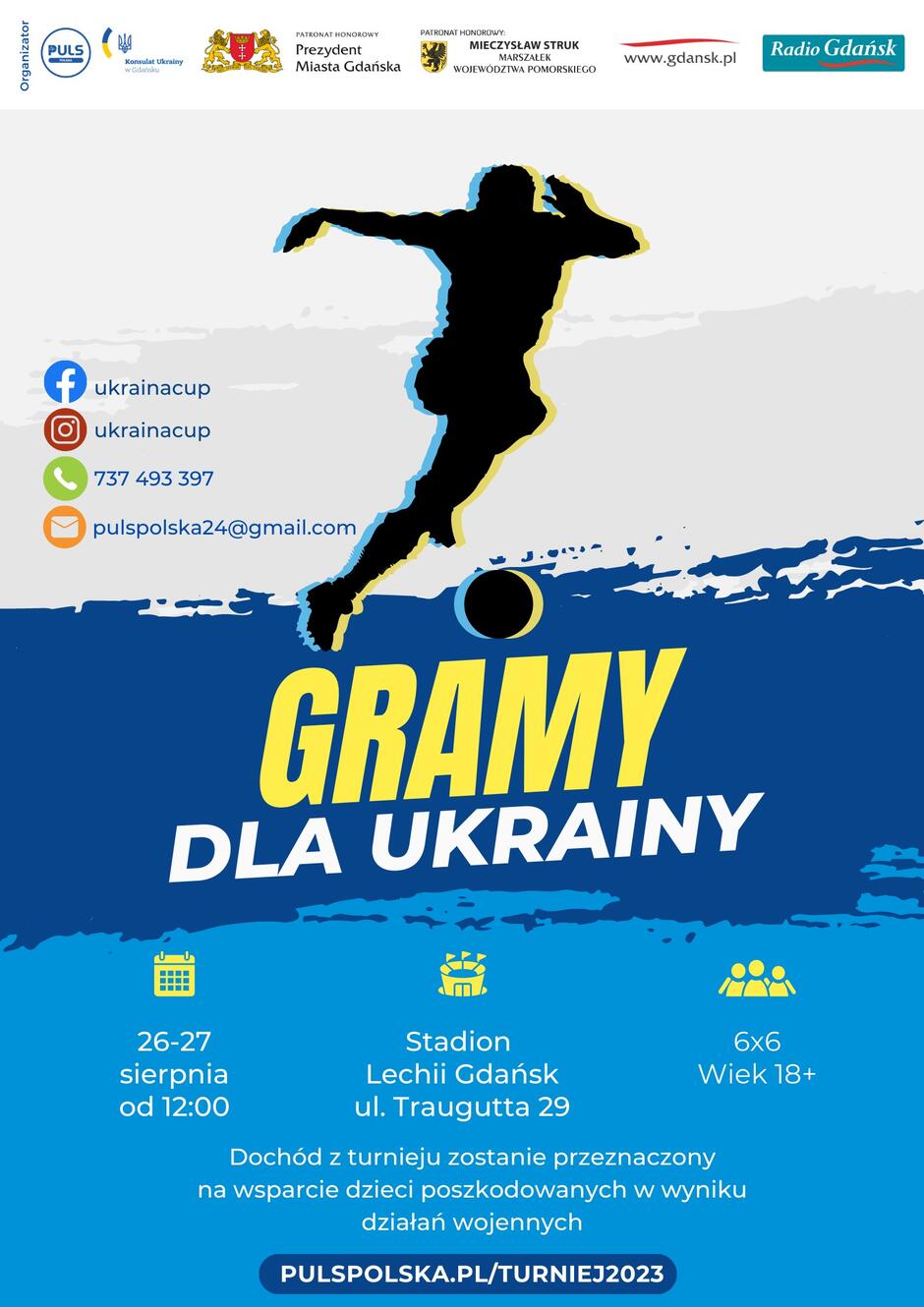 Plakat informujący o turnieju piłkarskim "Gramy dla Ukrainy"