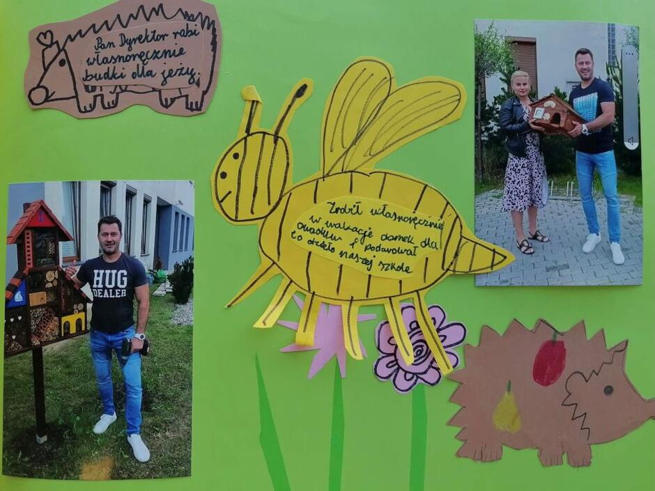 kolorowa kartka ze zdjęciami młodego mężczyzny z domkiem dla jeży i owadów
