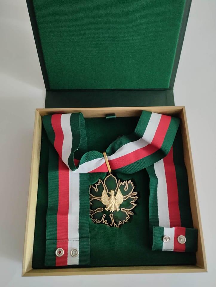 W otwartym pudełeczku wyłożonym zielonym suknem leży medal - zielono-złoty ze złotym orłem w środku