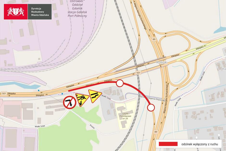 Mapa z zaznaczonym na czerwono miejscem zamkniętym dla ruchu drogowego 